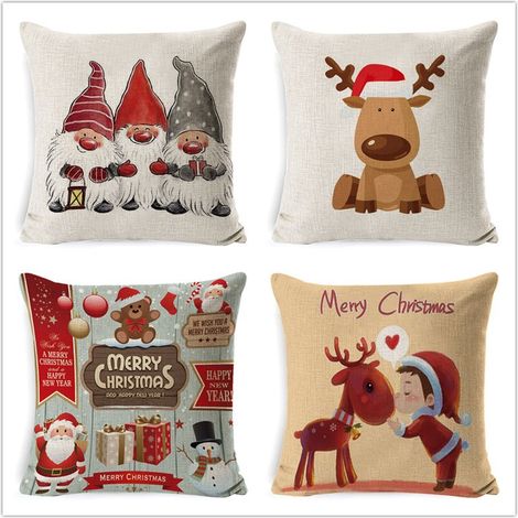 Lot de 4 taies d'oreiller de Noël en coton et lin Père Noël élan 45x45 cm vides (1/2)