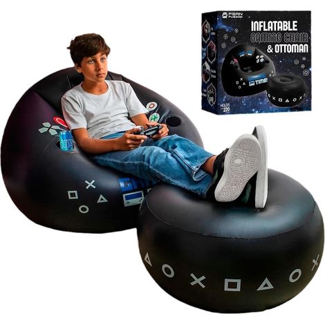 Chaise de Gaming Gonflable avec Porte-Gobelet et Poche Latérale – Canapé d'Intérieur pour Gamer, Design Noir Élégant (Pompe Non Incluse)-lsw