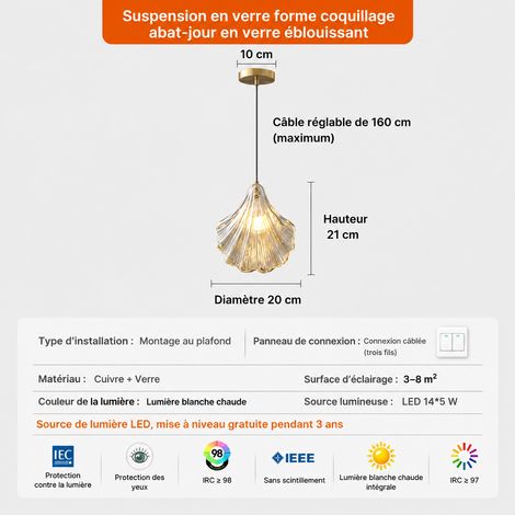 Suspension Coquillage Luminaire en verre ambré modèle suspension avec lumière blanche requise 31 × 31 × 21 cm 1,3 kg – Livraison gratuite