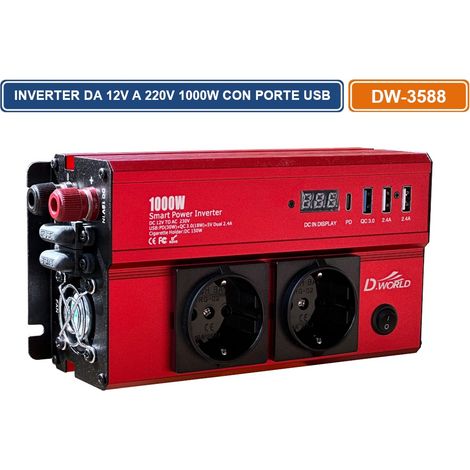 INVERTER CONVERTITORE DA 12V A 220V POTENZA NOMINALE 1000W CON PORTE USB PER CAMPER AUTO DW-3588