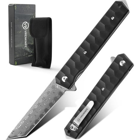 Taschenmesser Damaststahl mit Clip, Einhandmesser, Aluminiumgriff, Glasbrecher