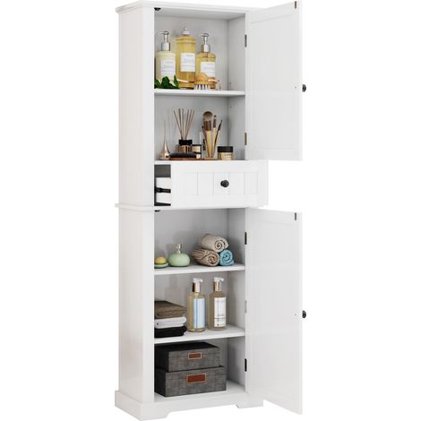 Armoire de salle de bain 56 x 28 x 167.3cm, entièrement laquée pour une résistance à l’humidité, partie haute et partie basse + tiroir central, étagères réglables, poignées noires, blanc. (1/5)
