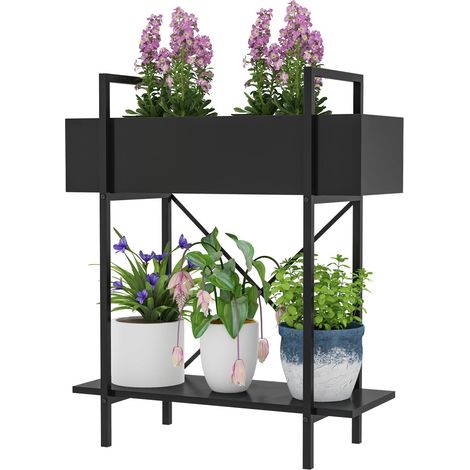 2-Etagen Pflanzenständer, Blumenständer für Innen Außen, Pflanzenregal aus Metall, mehrstöckig Blumenregal, 70 cm hoch Blumentreppe für Wohnzimmer, Garten Balkon Deko, Schwarz Aosom (1/5)