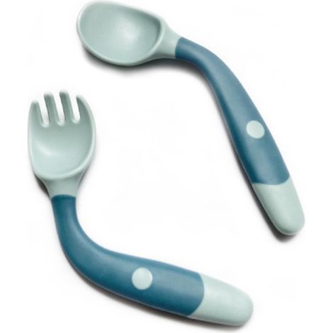 Lot de 4 cuillères-fourchettes bébé vert, poignées courbes en PP souple, auto-alimentation pour enfant, kit repas entraînement. (1/5)