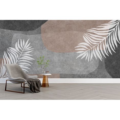 Papier peint boho - feuilles blanches sur fond abstrait gris et marron - 300 x 250 cm (1/2)