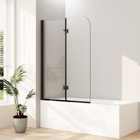 Duschwand für Badewanne 100x140 cm Badewannenaufsatz Badewannenfaltwand 2-teilig Faltbar 6mm ESG Glas Nano Beschichtung Duschtrennwand, Schwarz (1/5)