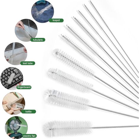 Lot de 10 goupillons de nettoyage en acier inoxydable avec anneau de suspension - goupillon en nylon pour pailles, bouteilles et tubes étroits - blanc (1/4)