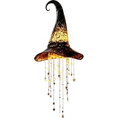 Beyamis Carillon lumineux en forme de chapeau de sorcière avec pompon en forme d'étoile lumineuse - Décoration d'Halloween pour porche, patio, fenêtre, entrée, escalier ou jardin.