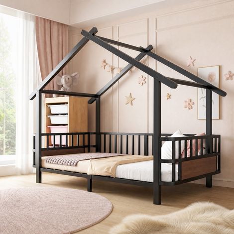 Cama infantil de metal con forma de casa 90 x 200 cm con barandilla de seguridad negra (1/5)