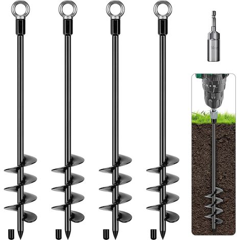Ancrages de Sol, 61cm Piquet Ancrage Piquet de Trampoline à Visser 4pcs Pointes Tempête Métal pour Balançoire/Camping/Abri/Chien/Abri Jardin avec Anneau Fixe Sac Rangement, Noir (1/5)
