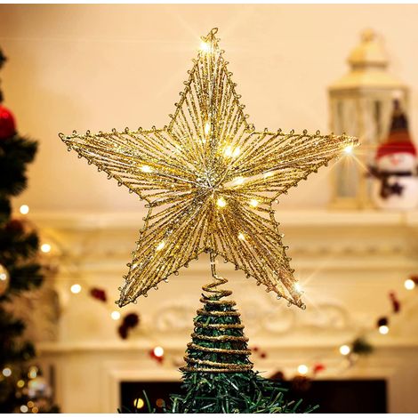 Sapin de Noël, lumières de sapin de Noël rougeoyantes métalliques, dessus de sapin de Noël décoratif de Noël traditionnel, 9.8x11.8", or (1/5)