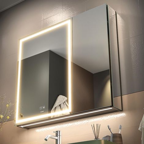 Armoire à Miroir de médecine de Salle de Bains éclairée par LED avec Prise et USB, Gradation antibuée et réglage de la Couleur, Armoire en Aluminium résistant à la Rouille (75 x 70 cm) (1/5)