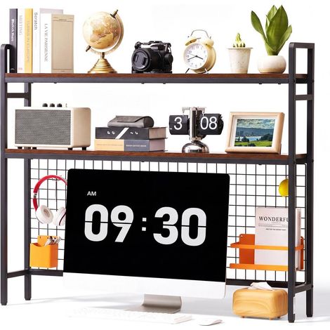 Étagère de Bureau à 3 Niveaux avec Grille Noir sur Plan de Travail, Meuble Rangement sur Table avec Structure en Métal et Tablette en Bois, Patins Antidérapants, pour Chambre d'Étudiant, Cuisine (1/5)
