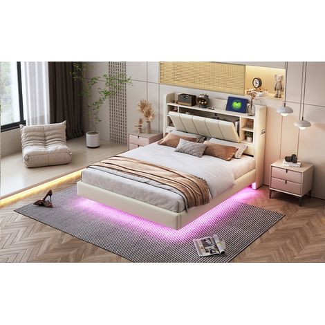 Lit double rembourré 140 x 200 cm avec tête de lit en L réversible avec étagères, effet suspendu, prise USB et éclairage LED, lin, beige (1/5)