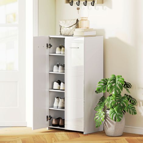 Meuble à chaussures laqué blanc, avec étagères réglables, idéal pour l'entrée ou le couloir. Capacité : 10 paires.