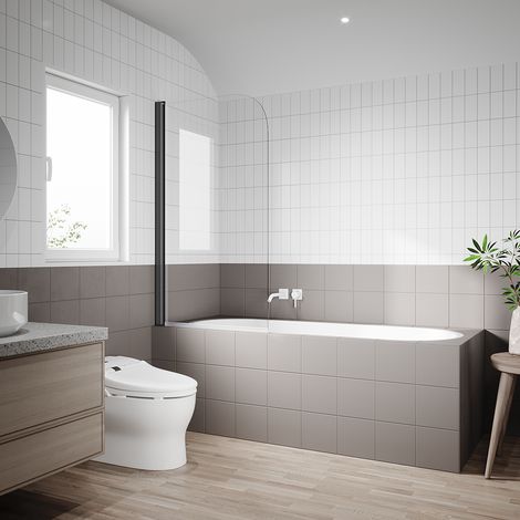 Sonni – Paroi de baignoire en verre trempé 6mm – Nano-revêtement anti-calcaire – Pivotante 180° – Dimensions 800x1400mm – Aluminium noir mat (1/4)