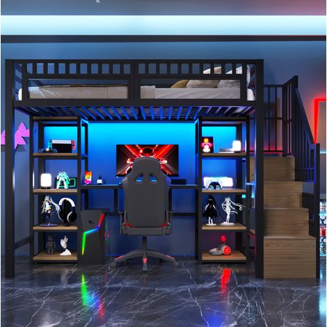 Lit mezzanine 90x200 cm noir en métal et MDF avec bureau, LED et port USB (1/5)