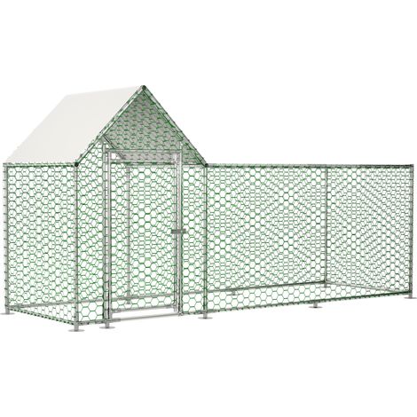 Poulailler extérieur 3 x 1 x 1,5 m avec enclos grillagé, toit PE étanche anti-UV, porte verrouillable, cadre en acier galvanisé argenté – CHICFURN (1/5)