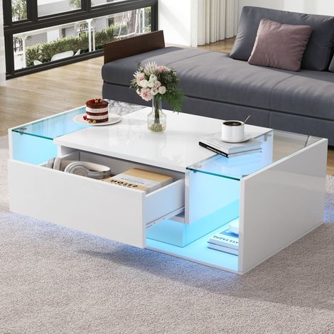 Couchtisch aus Spanplatte in Weiß Hochglanz mit gehärtetem Glas und LED, 100 x 50 cm