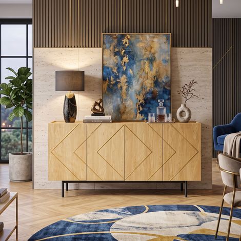 Creahappy Buffet Enfilade 160x40x78 cm avec 4 Portes, Grand Rangement Salon et Salle à Manger, Style Contemporain Bois et Métal Doré (1/5)