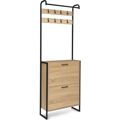 Vestiaire d'entrée avec porte manteau et range chaussures effet bois et métal