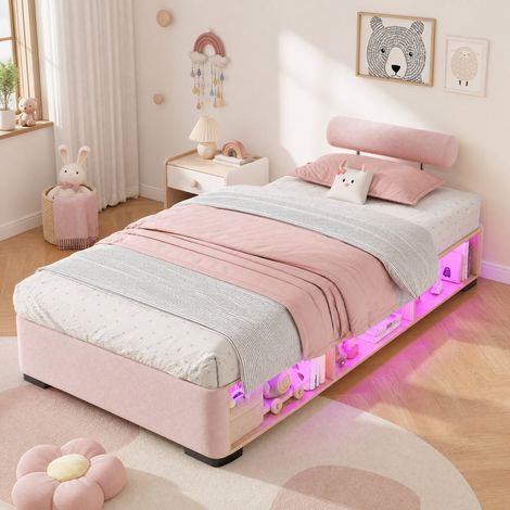 Letto imbottito per bambini rosa 90x200 cm con ripiano LED e vano aperto OKMYHOME (1/5)