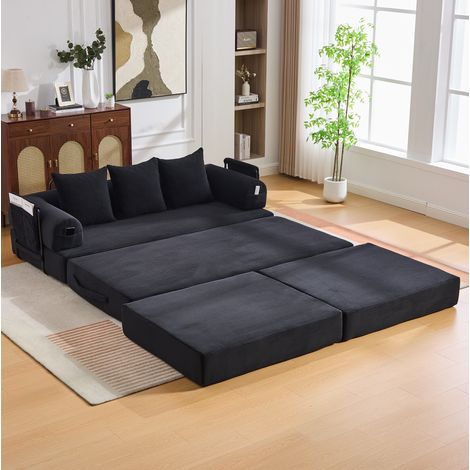 Modulares Sofa 200x190x67 cm Schwarz Cord mit Hocker, Metallrahmen und Seitentasche (1/5)