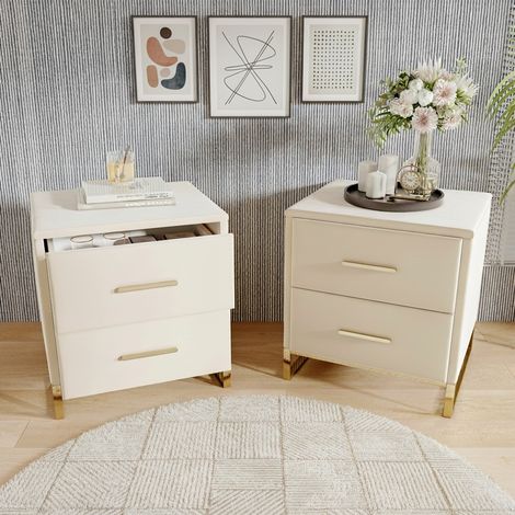 2er Set Nachttische, mit Velours-Oberfläche, mit 2 Aufbewahrungsschubladen, goldenen Metallgriffen und Basis, skandinavischer Stil, Beistelltisch, für Wohnzimmer und Schlafzimmer – Beige