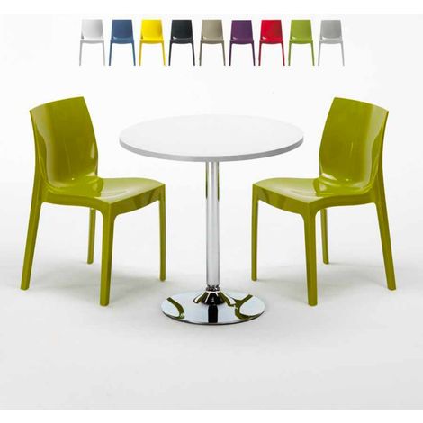 Table Ronde Blanche 70x70cm Avec 2 Chaises Colorées Grand Soleil Set Intérieur Bar Café Ice Long Island - Vert (1/5)
