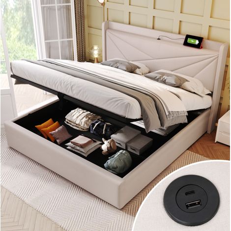 MODFU – Cama de matrimonio 180x200 cm con almacenamiento USB-C, somier de láminas y tapizado de lino beige, carga 300 kg – Beige (1/5)