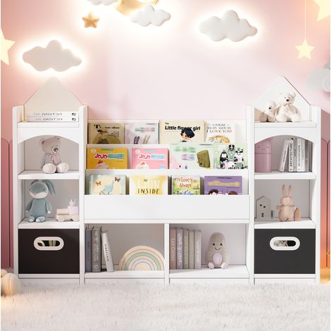 Bibliothèque enfant avec 2 boîtes de rangement pliables, blanc, 130 x 30 x 90 cm, MDF (1/5)