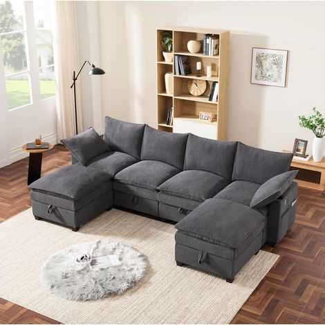Modulares Ecksofa 5–6-Sitzer aus grauem Cord mit USB und Stauraum HAVRYA (1/5)