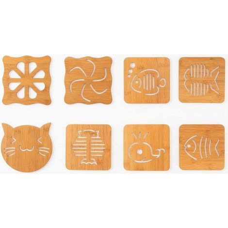Set de 8 dessous de verre en bois – 5 mm – 8 motifs – Résistants – Protection de table (1/4)