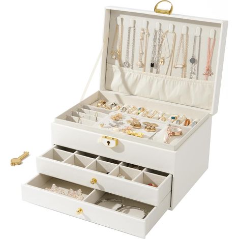 Joyero con tres compartimentos extraíbles para guardar joyas, anillos, pendientes y pulseras, fabricado en piel impermeable (blanco).