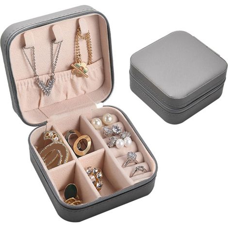 Boîte de rangement pour bijoux, emballage cadeau, boucles d'oreilles, colliers, bagues, accessoires pour la maison et le bureau, n° 5, fermeture éclair, grise (1/2)