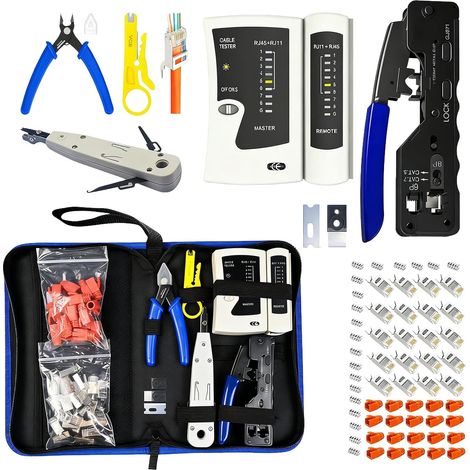 Network Tool Kit:Network Repair Kit with 20pcs Cable Connectors,Pass Through RJ45 Crimping Pliers for Cat7 Cat6 Cat5, Wire Stripper, Network Tester for RJ45/RJ11/RJ12 Cables (1/5)