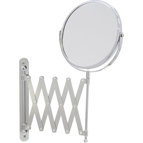 Espejo de pared con lupa, cromado, redondo, 17 cm de diámetro, aumento de 3x, extensible hasta 57 cm, color plata. (1/5)