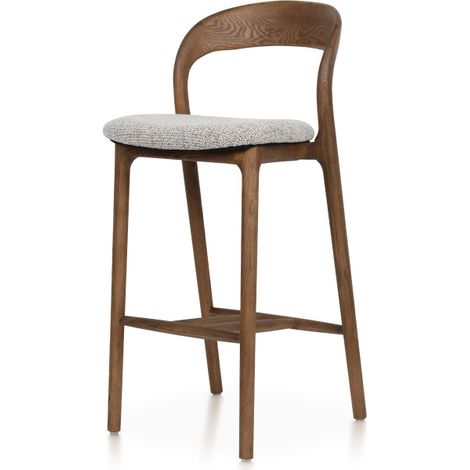 Tabouret de Bar Julia en Bois de Frêne effet noyer, Assise 68 cm Rembourrée en Tissu Chiné