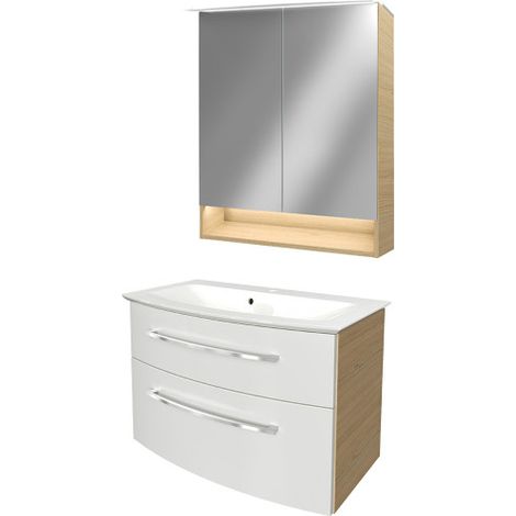 Fackelmann B.STYLE Badmöbel Set – Waschbecken mit Unterschrank und LED-Spiegelschrank in Weiß mit Holz braun – Waschbeckenunterschrank 80 cm hängend breit – Badezimmermöbel in Sandeiche Holzoptik"-"90 (1/5)