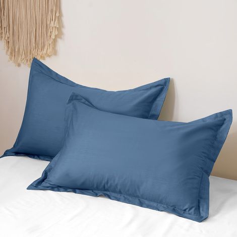 Taies d'oreiller en lin (Lot de 2) — 74 x 48 cm  Taies en coton égyptien à fibres longues, tissage satin  Douceur soyeuse au toucher et respirantes  Bleu lac