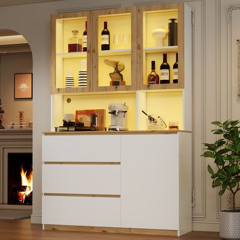 Vitrine haute avec LED 120 × 40 × 200 cm 3 tiroirs et 4 portes meubles de rangement armoire haute de cuisine et bibliothèque Blanc (1/5)