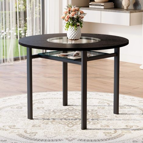 Table à manger ronde moderne Ø100 cm, plateau effet bois noir avec insert en verre gris, structure métal, table repas design pour 2 à 4 personnes (1/5)
