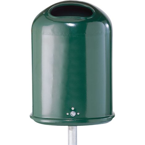 Schake Abfallbehälter oval montiert mit Standpfosten Ø60x1300mm 27l Volumen beschichtet in RAL 6005