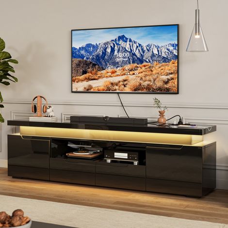 Meuble TV LED Moderne 180x35x52 cm - Banc TV Haute Brillance avec Prises Intégrées- 2 porte, 2 tiroir ets 1 étagère - Noir (1/5)