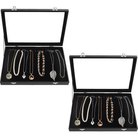 Boîte de rangement/présentoir à bijoux en velours noir avec 20 crochets et couvercle doré verrouillable (lot de 2) – Plateaux empilables – Colliers, bracelets, boucles d'oreilles et bracelets de chevi (1/5)