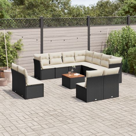 Ensemble de Jardin 12 Pièces Noir Résine Tressée avec Coussins Crème, Table Acacia, Sièges Modulaires avec Rangement (1/5)