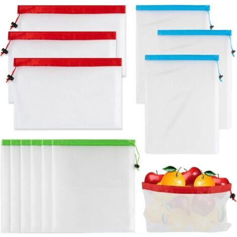 Lot de 12 sacs réutilisables en maille pour fruits et légumes avec cordon de serrage, pour conserver la fraîcheur des fruits et légumes au réfrigérateur, des jouets et des courses (1/4)