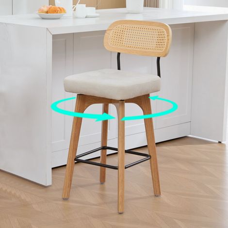 Lot de 2 tabourets de bar pivotants 360° avec dossier rotin assise rembourrée tissu chenille beige style milieu siècle moderne cuisine petit déjeuner (1/5)