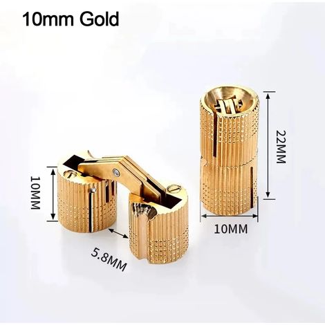 Charnières cylindriques invisibles en laiton (10 mm, dorées) pour meubles et portes. (1/5)