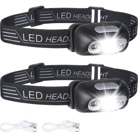 Lampe frontale LED, lot de 2 lampes frontales rechargeables par USB, lampe frontale étanche IPX6, lampe frontale LED ultra-légère et super lumineuse de 160 lumens (1/4)